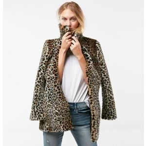 Express Leopard Faux Fur Coat Jacket Brown Black XS